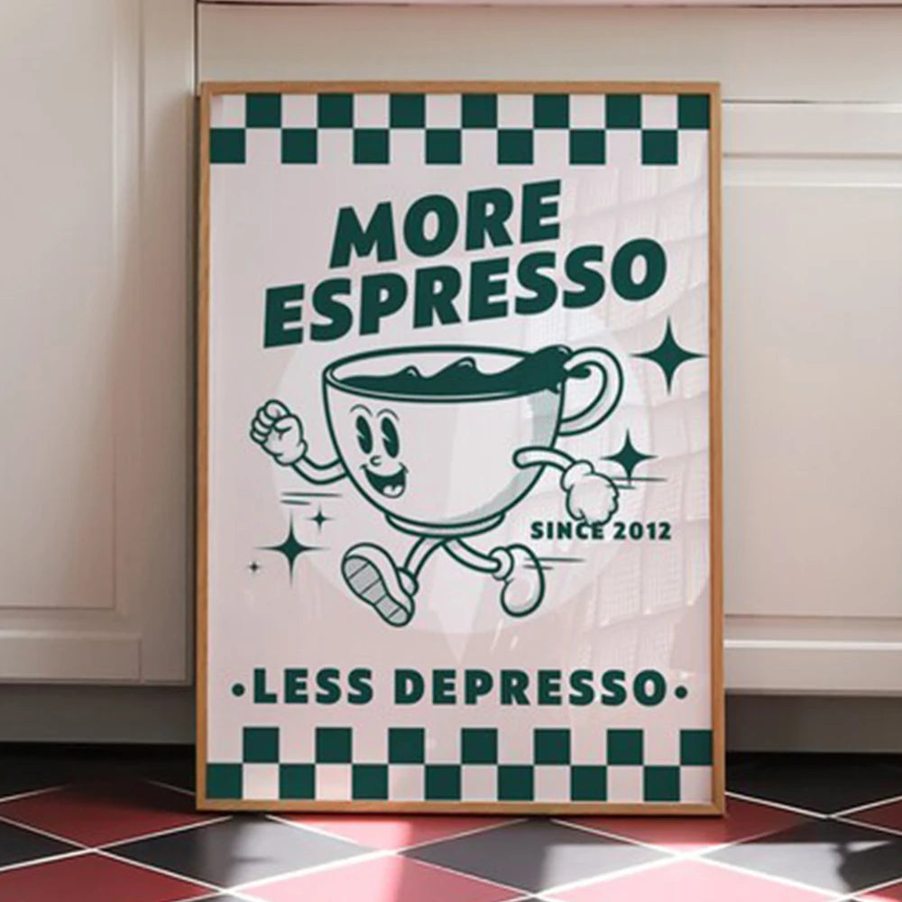 "More Espresso, Less Depresso" – Leinwanddruck im Retro-Design