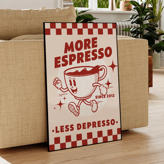 "More Espresso, Less Depresso" – Leinwanddruck im Retro-Design