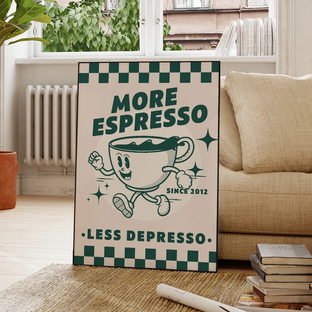 "More Espresso, Less Depresso" – Leinwanddruck im Retro-Design