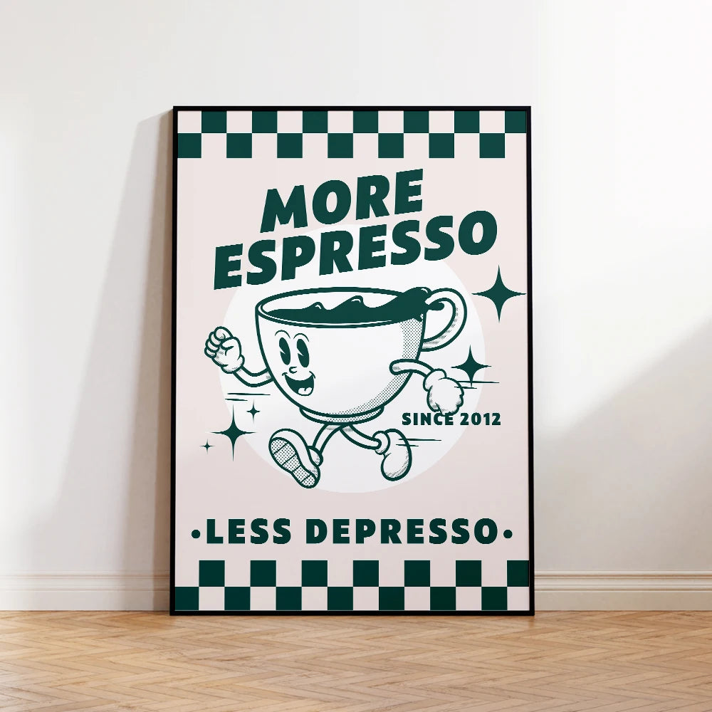 "More Espresso, Less Depresso" – Leinwanddruck im Retro-Design