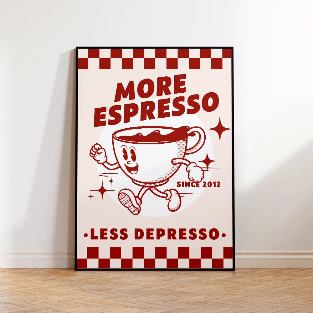 "More Espresso, Less Depresso" – Leinwanddruck im Retro-Design